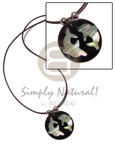 round 40mm inlaid hammershell twin dolphin in black resin & wax cord - Choker Necklace