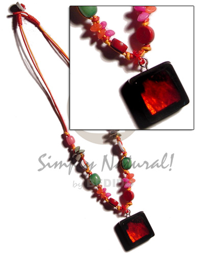 buri seeds in double wax cord  square inlaid capiz pendant laminated in resin - Choker Necklace