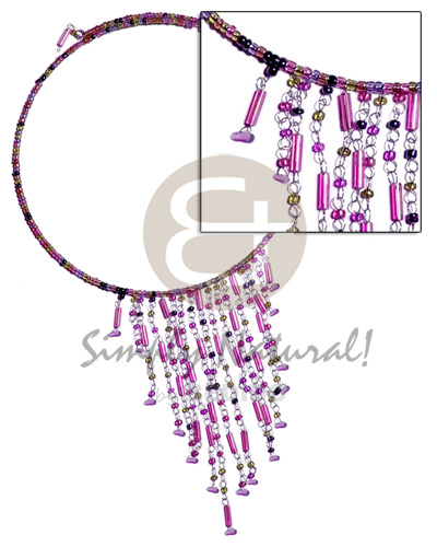 dangling lavender tones glass beads in choker wire & metal looping - Choker Necklace