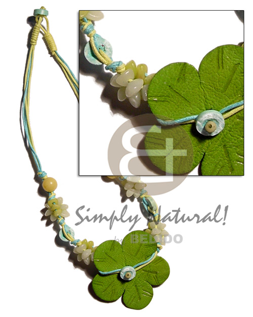 3 layers wax cord  wood beads, buri nuggets & faux leather flower/green - Choker Necklace