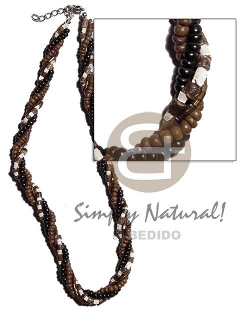 twisted 4 rows-2-3mm coco heishe nat. brown/bleach white/2-3mm coco Pokalet. nat. brown/black & glass beads - Choker Necklace