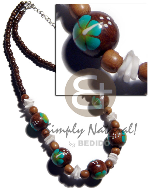 4-5mm coco Pokalet. nat. brown  handpainted 15mm robles round wood beads & white rose shell accent /green flower - Choker Necklace