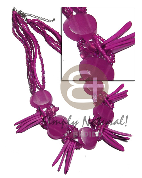 6 layers 2-3mm coco Pokalet and heishe, glass and cut beads  5 pcs. 30mmx25mm clear oval resin ( 7mm thickness) and 1.5in coco sticks accent / dark magenta tones /  18 in. - Choker Necklace