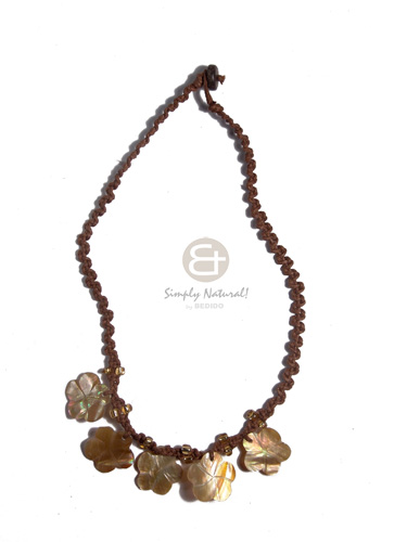 wax cord macrame  dangling 5 pcs. brownlip 20mm flowers / 15in - Choker Necklace