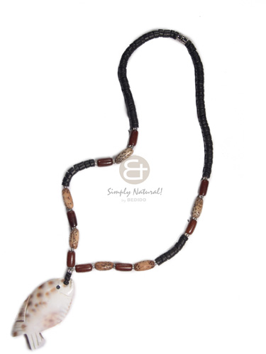 4-5mm black coco heishe  wood tube amd buri tiger tube combination and 55mmx30mm cowrie tiger  "fish shape" pendant / 18 in - Choker Necklace