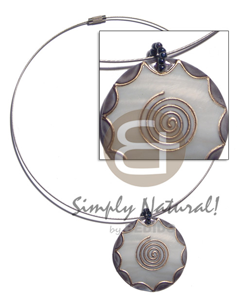 coated silver cable wire handpainted and colored round 55mm kabibe shell pendant embellished  elevated /embossed metallic paint accent lines / nat. white, gray and gold tones - Choker Necklace