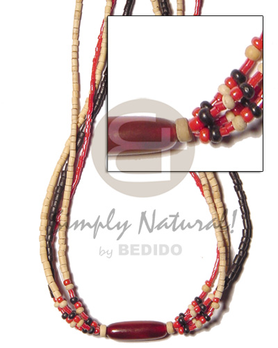 4 rows 2-3mmcoco heishe black/natural  red cut bead strand and center red horn tube accent - Choker Necklace