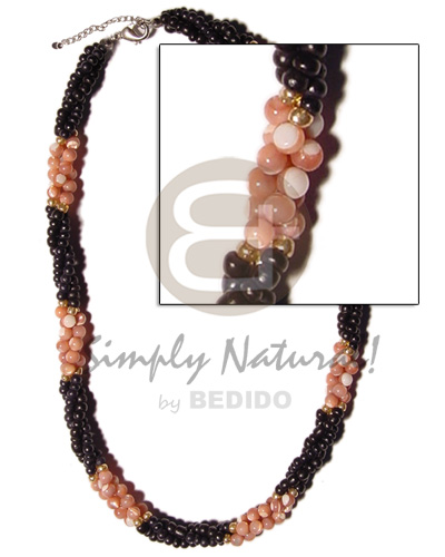 twisted black coco pokalet & rose coloured troca beads  gold beads - Choker Necklace