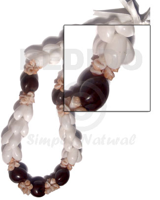 beaded white bubbleshells  black kukui nuts and white mongo shell scombination / 30"   adjustable ribbon maximum length of 50in - Chunky Necklace