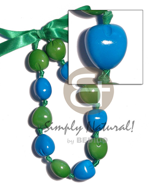 kukui nut  choker in graduated blue & green  ( 11pcs. ) / adjustable ribbon - Chunky Necklace