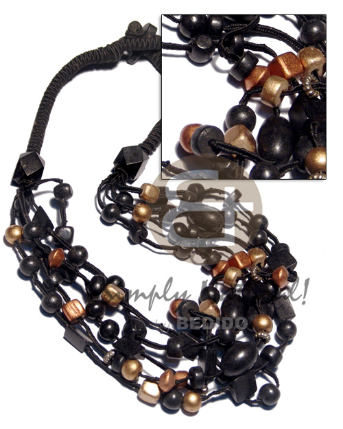 5 graduated layers black satin cord   black and metallic gold asstd. cuts nat. wood beads in  accent / 22in/24in/25in/28in/30in - Chunky Necklace
