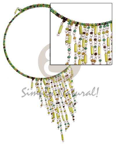 dangling green tones glass beads in choker wire & metal looping - Cleopatra Necklace