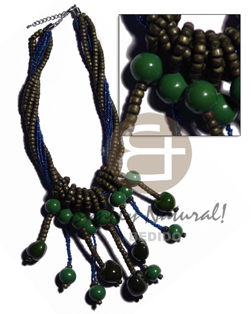5 rows glass beads /3 rows 4-5mm olive green coco Pokalet  dangling green 12mm round nat. wood beads  & matching olive green kukui nuts accent - Cleopatra Necklace