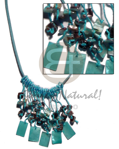 spaghetti necklace/dangling aqua blue 20mmx15 hammershell bars and nuggets on aqua blue leather thong  beads - Cleopatra Necklace