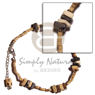 2-3 coco heishe natural  coco square cut & dangling tube wood burning - Coco Anklets