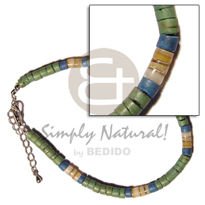 4-5mm green/blue coco heishe  gold lip heishe combination. - Coco Anklets