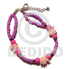 2 rows 2-3mm coco Pokalet. lavender  pink rose and wood beads - Coco Bracelets