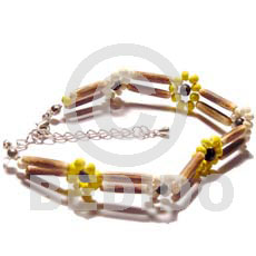 2 rows sig-id wood tube  yellobleached white 2-3mm coco pokalet flower - Coco Bracelets
