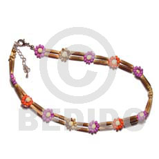 2 rows sig-id wood tube  red/lavender/tiger 2-3mm coco pokalet flower - Coco Bracelets