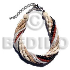 twisted 6 rows 2-3mm coco Pokalet - nat. white/bleached white/red/black combination  4 rows white cut beads - Coco Bracelets