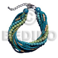 twisted 4 rows aquamarine 2-3mm coco heishe. 2 rows wood beads/3 rows cut green glass beads combination - Coco Bracelets