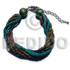 twisted 3 rows 4-5mm coco olive green Pokalet  2 rows 2-3mm coco Pokalet aquamarine and 3 rows cut glass beads combination - Coco Bracelets