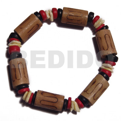 bamboo tubes  burning  light yellow white rose shell, red/black 7-8mm coco Pokalet combination / elastic bracelet - Coco Bracelets
