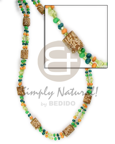 2-liner necklace mahogany  green tones glass bds. and acrylic crystals - Coco Necklace