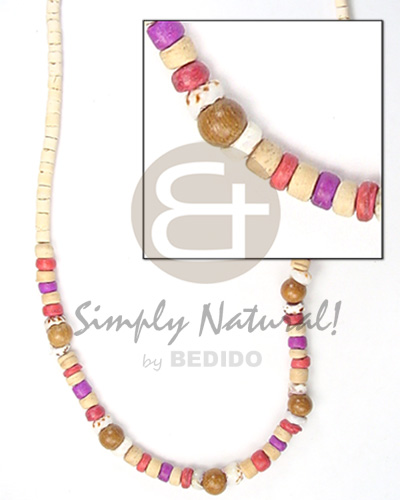 2-3mm coco heishe bleach  4-5mm coco Pokalet combination violet/red/nat  tiger puka & wood beads alt. - Coco Necklace