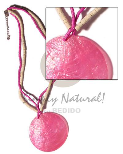 50mm pink capiz shell pendant in 2 rows 2-3mm pink coco heishe & 4-5mm bleached coco heishe - Coco Necklace