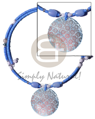 aqua blue 2-3mm coco heishe wire choker  buri & troca beads accent  40mm round hammershell handpainted pendant - Coco Necklace