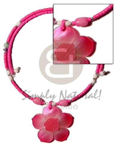 pink 2-3mm coco heishe wire choker  buri & troca beads accent  45mm pink hammershell flower pendant - Coco Necklace