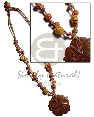 2 layer knotted brown cord  buri, & palmwood beads accent and 45mm flower coco pendant - Coco Necklace
