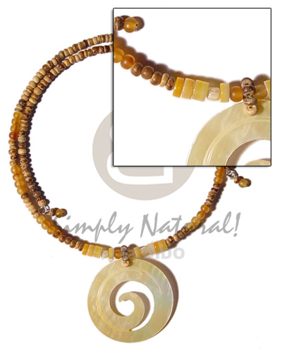 2-3mm  tiger coco pokalet  wire choker  bone beads & shells  accent and 40mm round swirl MOP pendant - Coco Necklace