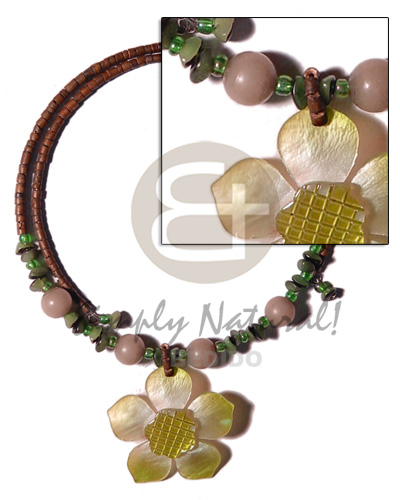 2-3mm reddish brown coco heishe wire choker  buri seeds  accent and 45mm graduated yellow hammershell flower   grooved  nectar pendant - Coco Necklace