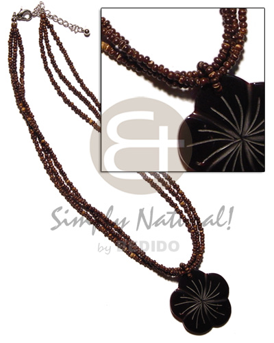 3 layer 2-3mm coco Pokalet. nat. brown  40mm scallop balck tab pendant - Coco Necklace