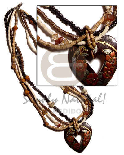 4 layer 2-3mm coco Pokalet./heishe  wood & shell beads, horn accent & handpainted 40mm heart coco pendant - Coco Necklace