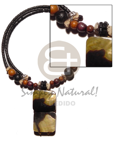 black 2-3mm coco heishe wire choker  buri & wood beads accent  dangling two 20mmx25mm rectangular blacklip tiger  resin backing pendant - Coco Necklace