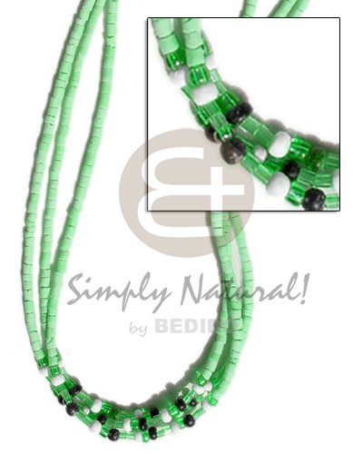 3 rows pastel green coco heishe / glass beads / black & leach pukalet combination - Coco Necklace