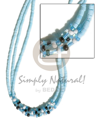 3 rows pastel blue coco heishe / glass beads / black & leach pukalet combination - Coco Necklace