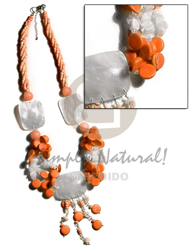 3 layers twisted light orange 2-3mm coco heishe  buri beads, coco sidedrill, shell chips , 3 pcs. 30mmx25mm rectangular nat. hammershell / tassled - Coco Necklace