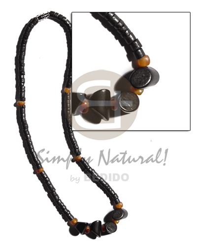 4-5mm coco heishe   black slidecut nat. wood beads and horn beads accent - Coco Necklace