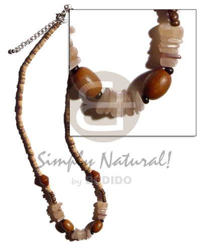 2-3mm coco heishe tiger  sq. cut hammershell heishe & wood beads combination - Coco Necklace