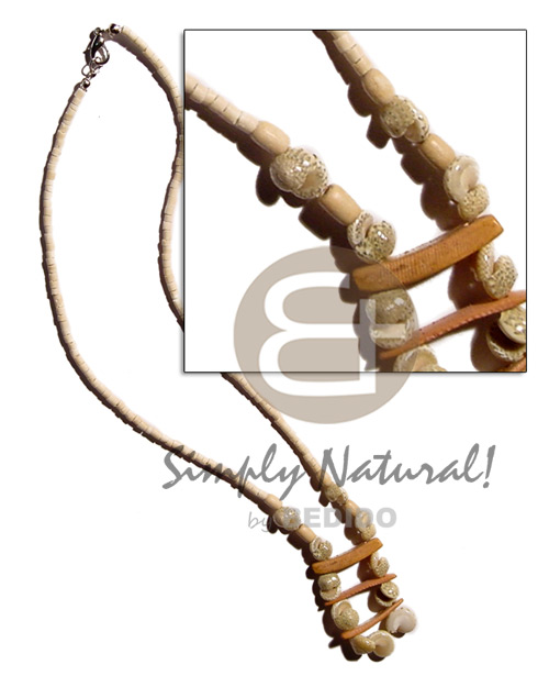2-3mm coco heishe nat. white  bonium shell , coco sticks & wood beads - Coco Necklace
