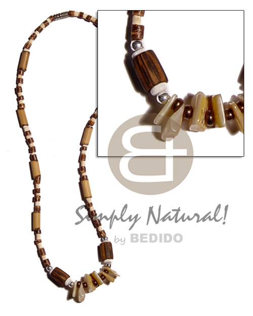 2-3mm coco heishe nat. brown/bleach, palmwood  bamboo  burning & sq. cut hammershell accent - Coco Necklace