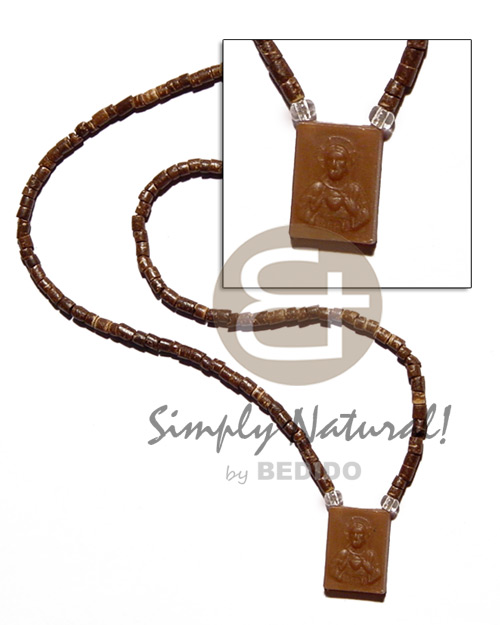2-3mm coco heishe nat. brown  embossed jesus in resin /scapular - Coco Necklace