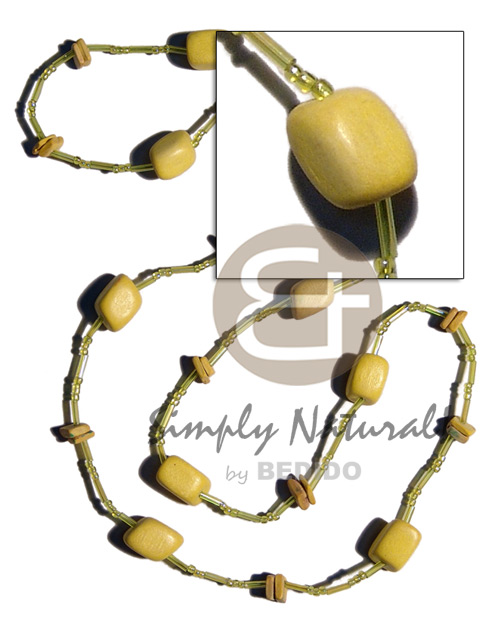 yellow wood beads/ coco square cut combination in glass beads neckline / 36 in - Coco Necklace