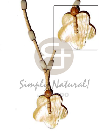 2-3mm coco heishe nat.  buri seed, wood bds and 40mm scallop MOP pendant - Coco Necklace