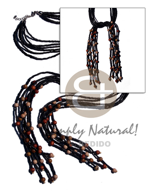 scarf necklace - 6 rows 2-3mm coco heishe black  8mm asstd. round wood beads accent / 44 in. - Coco Necklace