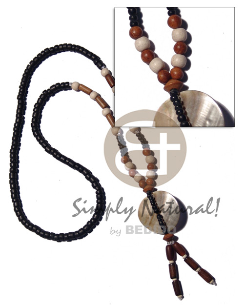 4-5mm black coco Pokalet.  wood beads & tassled 30mm round brownlip accent /22 in. - Coco Necklace